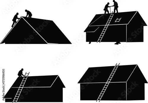 Roof construction silhouettes, workers on house rooftops, ladder access, gable and flat roof types, home repair, building maintenance, vector illustration