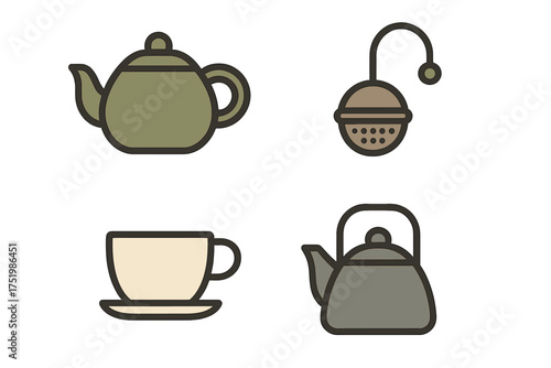 Household objects for brewing and serving hot tea including kettle, teapot, cup, and infuser