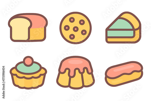 Colorful delicious bakery and dessert items including bread, cake, cookie, and pastries