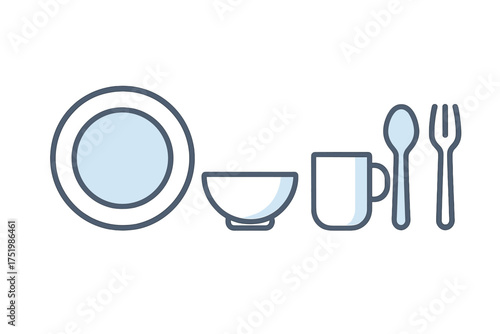 Minimalist dining essentials set with plate bowl cup spoon and fork in a clean line style