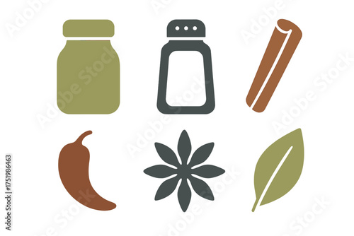 Stylized set of culinary spices and seasoning containers in flat design style