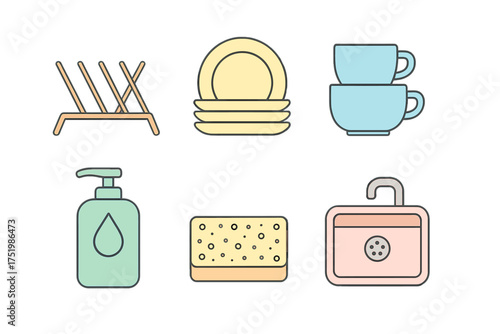 Set of kitchen cleaning and dishwashing objects including sink, soap, sponge, dishes, and drying rack