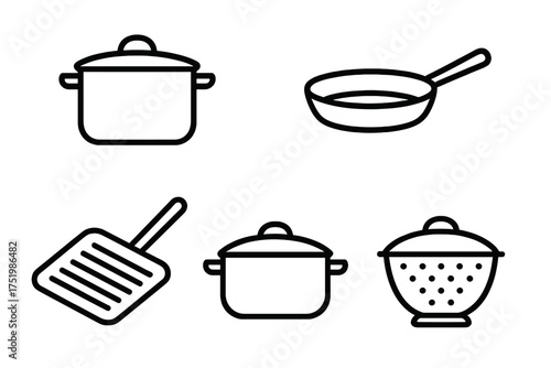 Essential kitchen cooking utensils and equipment including pot, pan, spatula, and colander set