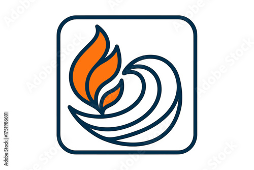 Abstract symbol combining fire flame and water wave inside a rounded square frame