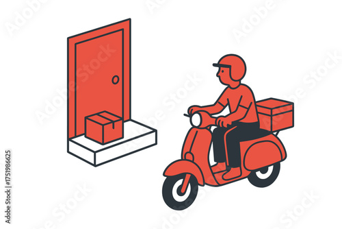 Delivery service worker riding a scooter leaving a package at the front door