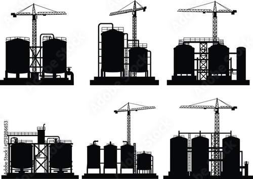 Industrial plant silhouettes, chemical factory vector icons, oil refinery structures, construction cranes, storage tanks, piping systems, black isolated facility illustrations