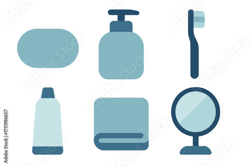 Minimalist collection of personal care and bathroom accessories in blue and teal
