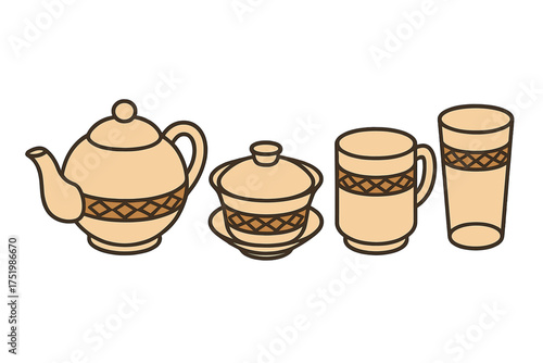 Assortment of stylized kitchenware featuring teapot, lidded bowl, coffee mug, and drinking glass
