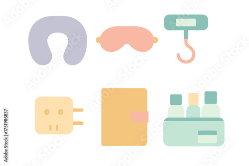 Essential travel accessories collection including neck pillow, sleep mask, luggage scale, and adapter