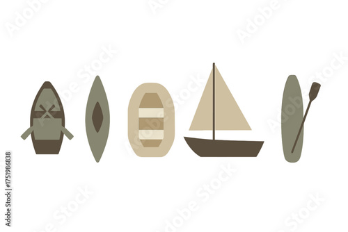 Watercraft and water sports equipment set featuring sailboat, rowboat, canoe, raft, and paddleboard