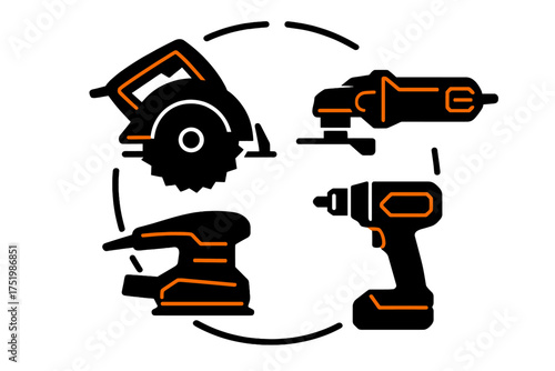 Set of essential power tools including circular saw, angle grinder, and cordless drill
