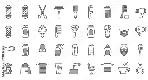 Barber shop icons set, line style. Hairdressing salon equipment.