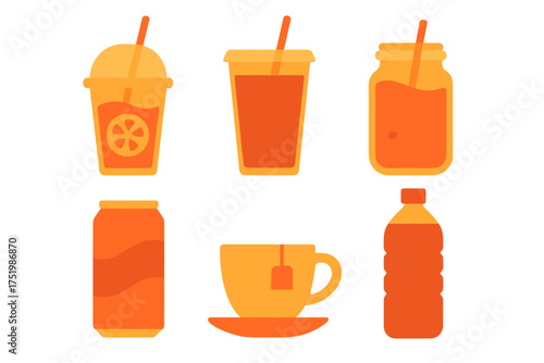 Assortment of refreshing summer drinks in various cups bottles and cans