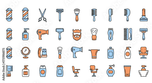 Barber shop icons set. Hairdressing salon equipment and tools.