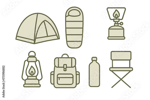 Essential outdoor camping and hiking equipment featuring tent, sleeping bag, stove, and backpack