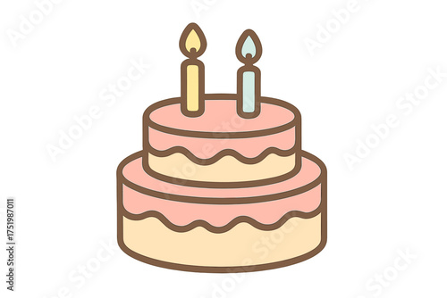 Two tiered birthday cake with frosting and two lit candles