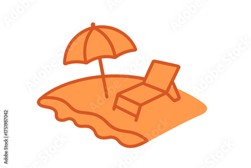 Orange beach island with sun umbrella and lounge chair symbolizing summer vacation and relaxation