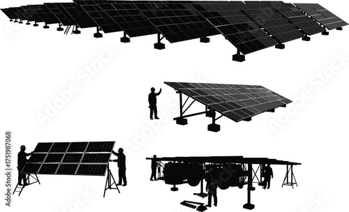 Solar panel installation, renewable energy workers, ground-mounted arrays, mobile solar systems, clean energy solutions, sustainable technology, eco-friendly power, green energy infrastructure