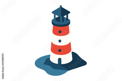 Red and white striped lighthouse tower guiding ships and maritime navigation