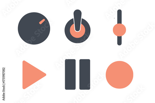 Minimalist flat design icons for audio and device control: power, volume, play, pause, record, slider, and switch