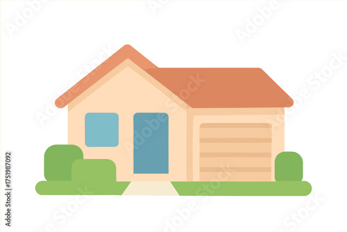 Simple suburban house with attached garage and front yard landscaping on a white background