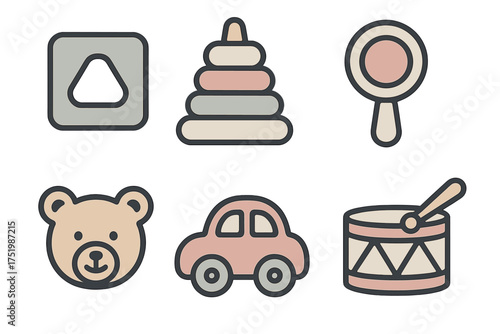 Collection of six adorable baby and toddler toys featuring a teddy bear, car, stacking rings, rattle, drum, and shape sorter