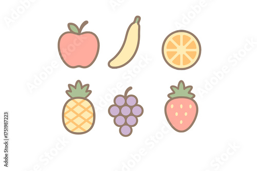 Six cute common fruit icons: apple, banana, orange, pineapple, grapes, and strawberry