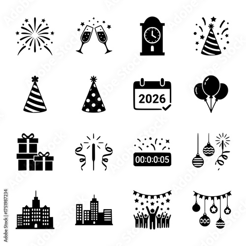 New Year Celebration — Silhouette Icon Set