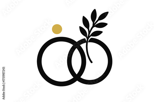 Interlocking wedding rings combined with a stylized olive branch and golden dot