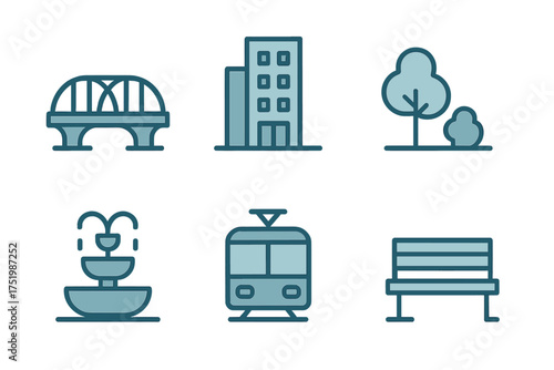 Urban and park infrastructure featuring bridge, building, tram, fountain, tree, and bench symbols
