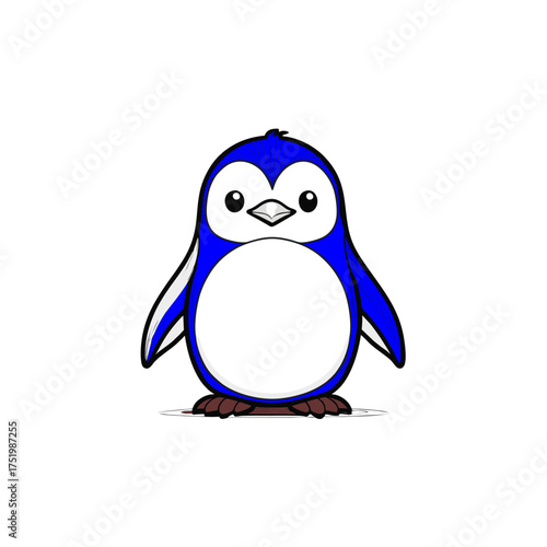 A funny cartoon of a cute baby penguin on Antarctica ice in the snow, a happy winter animal illustration