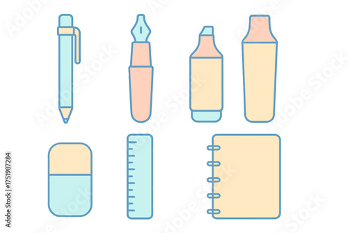 Essential writing and drawing tools including pens, highlighters, ruler, eraser, and notebook