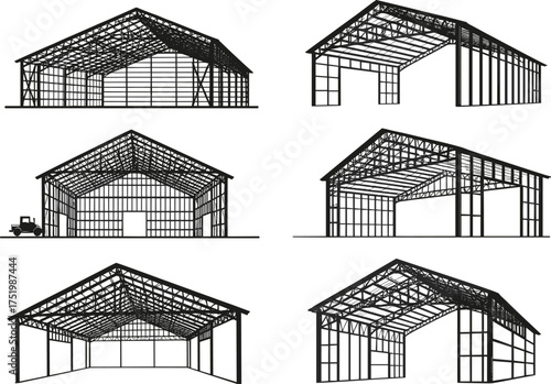 Steel frame warehouse vector illustration, industrial building structure, truss roof design, construction silhouette, architectural layout, commercial facility, editable black and white drawing