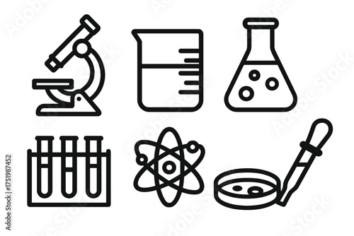 Microscope beaker flask test tube atom model and petri dish scientific laboratory apparatus collection