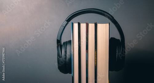 Modern black headphones on stack of books. The concept of audio books listening. Modern technologies. Digital library.