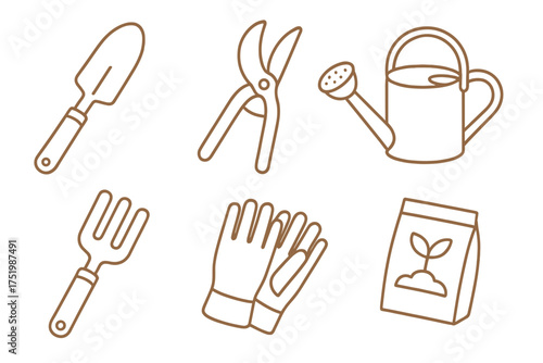 Set of outline icons depicting essential tools and equipment for gardening and planting