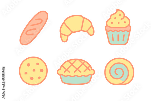 Six pastel bakery icons featuring baguette croissant cupcake cookie pie and roll