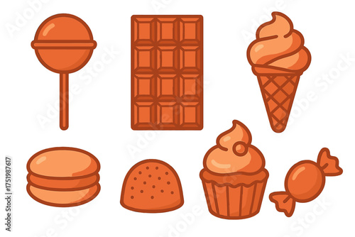 Stylized collection of sweet treats and desserts including candy, chocolate, ice cream, and baked goods