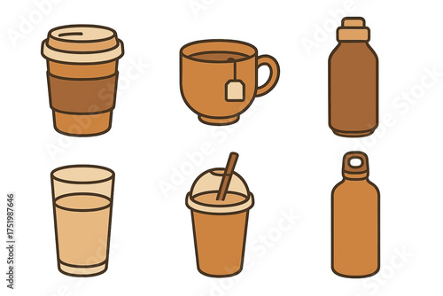 Set of beverage containers including coffee cups tea mugs and reusable water bottles