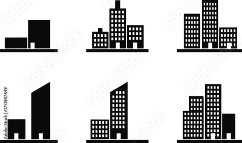 Urban building silhouette icons, cityscape vector set, modern architecture shapes, skyline elements for digital design, planning, and stock illustration use