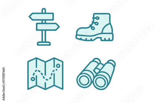 Set of essential outdoor adventure symbols including hiking boot, folded map, signpost, and binoculars