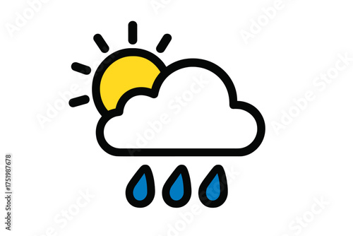Bright sun partially obscured by a white cloud with blue raindrops below