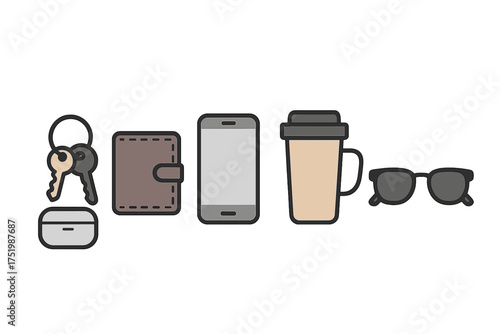 Daily essentials collection featuring keys wallet mobile phone coffee cup and sunglasses