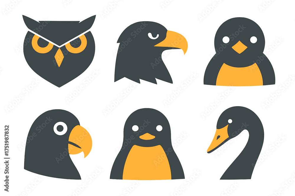 Fototapeta premium Minimalist collection of bird heads and avatars featuring owl, eagle, penguin, and swan