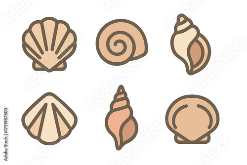Set of six stylized marine mollusk shells including scallop and spiral shapes in neutral colors