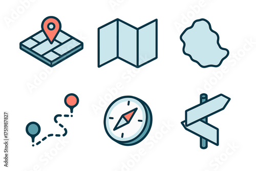 Isometric map grid, location pin, folded paper map, route path, compass, and directional signpost