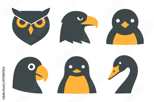 Minimalist collection of bird heads and avatars featuring owl, eagle, penguin, and swan