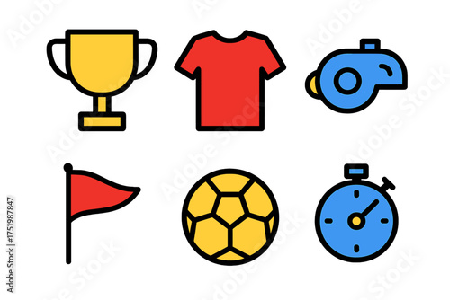 Colorful set of soccer and sports symbols including trophy ball whistle flag shirt and stopwatch
