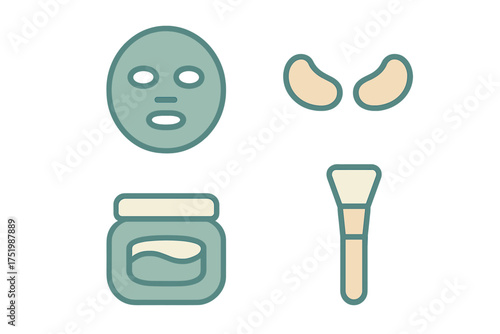 Skincare routine set with facial sheet mask, under eye patches, cosmetic cream jar, and application brush