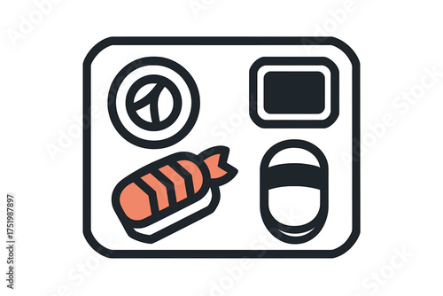 Minimalist icon of a sushi bento box with Japanese seafood cuisine pieces